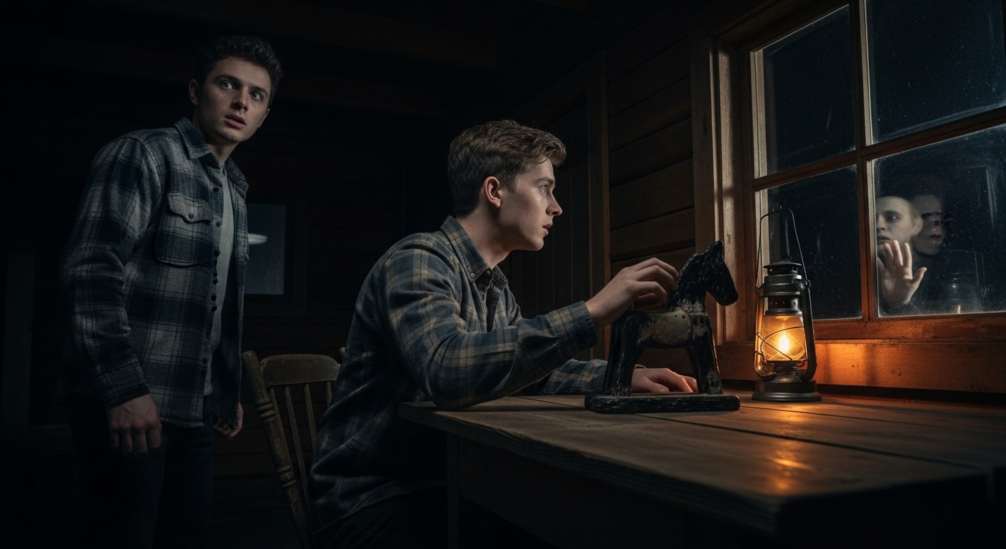 Two young men in a dimly lit cabin, startled by a distorted face at the window.