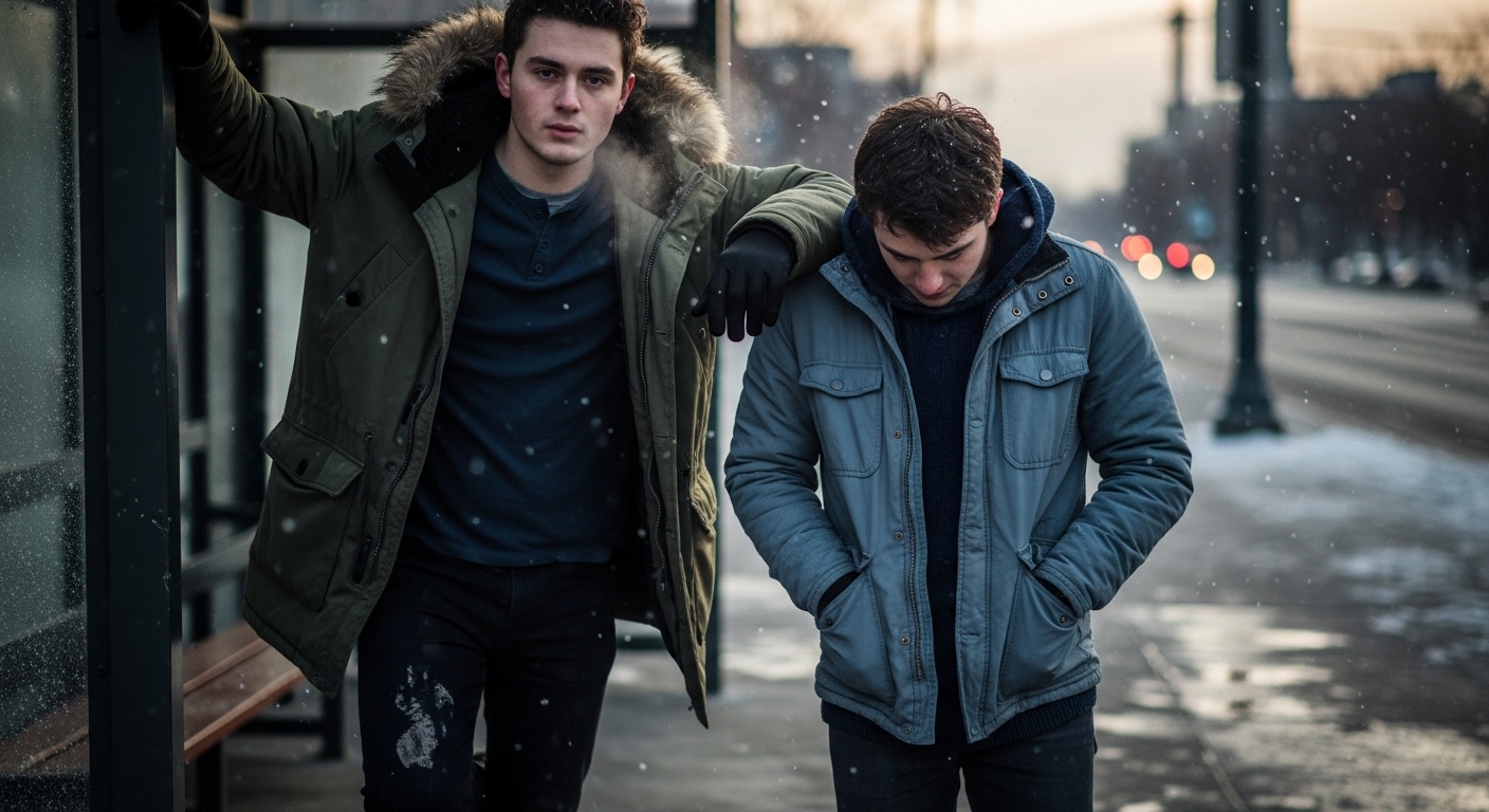 Two young men, Jared and Daniel, bundled in winter coats, stand at a snowy city bus stop during a cold afternoon.