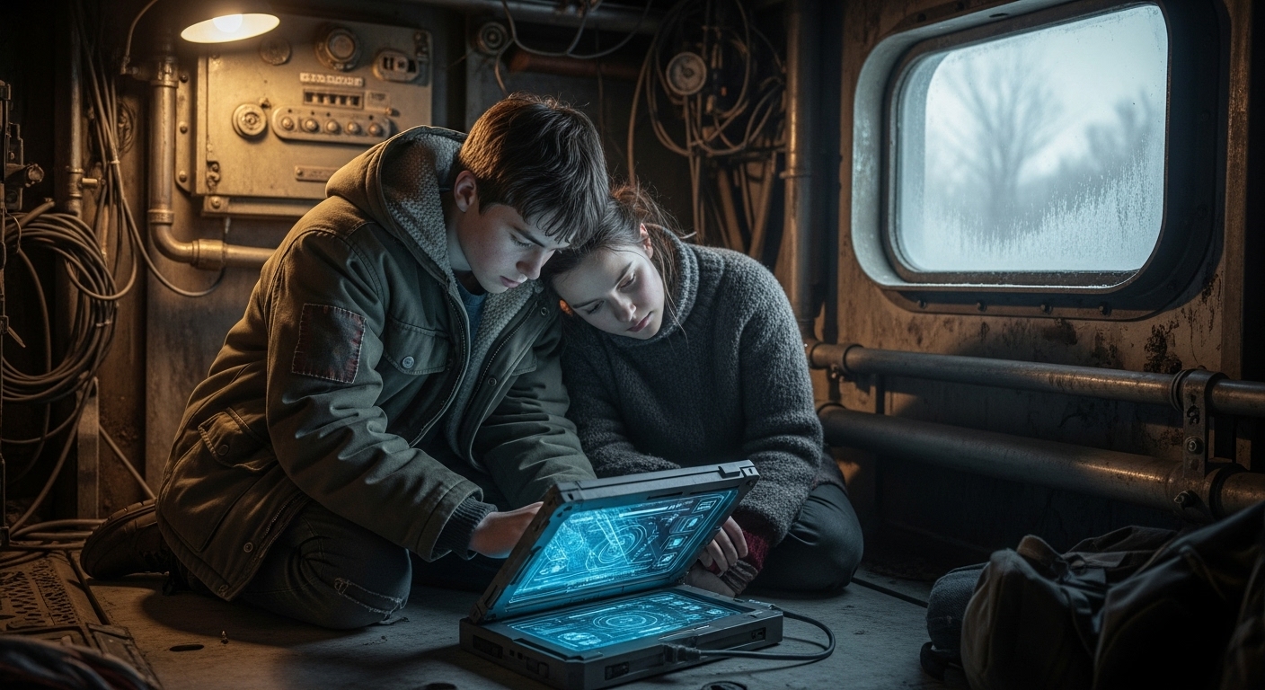 Two teenagers, Franklin and Liss, share a quiet moment of connection over a glowing data-slate in a cramped, cold post-apocalyptic shelter.