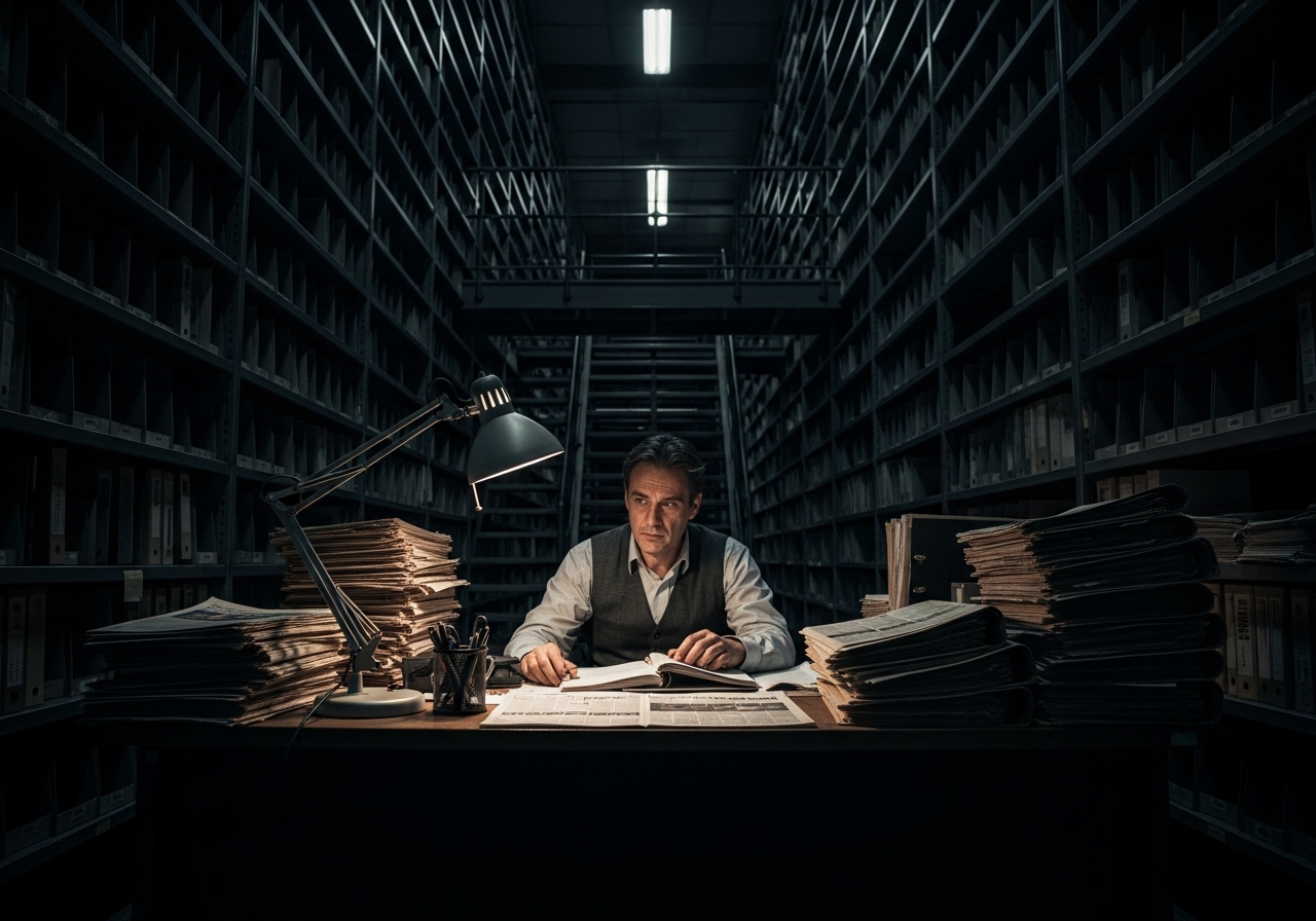 A journalist sits alone at a desk, surrounded by massive shelves of files in a dark newspaper archive.