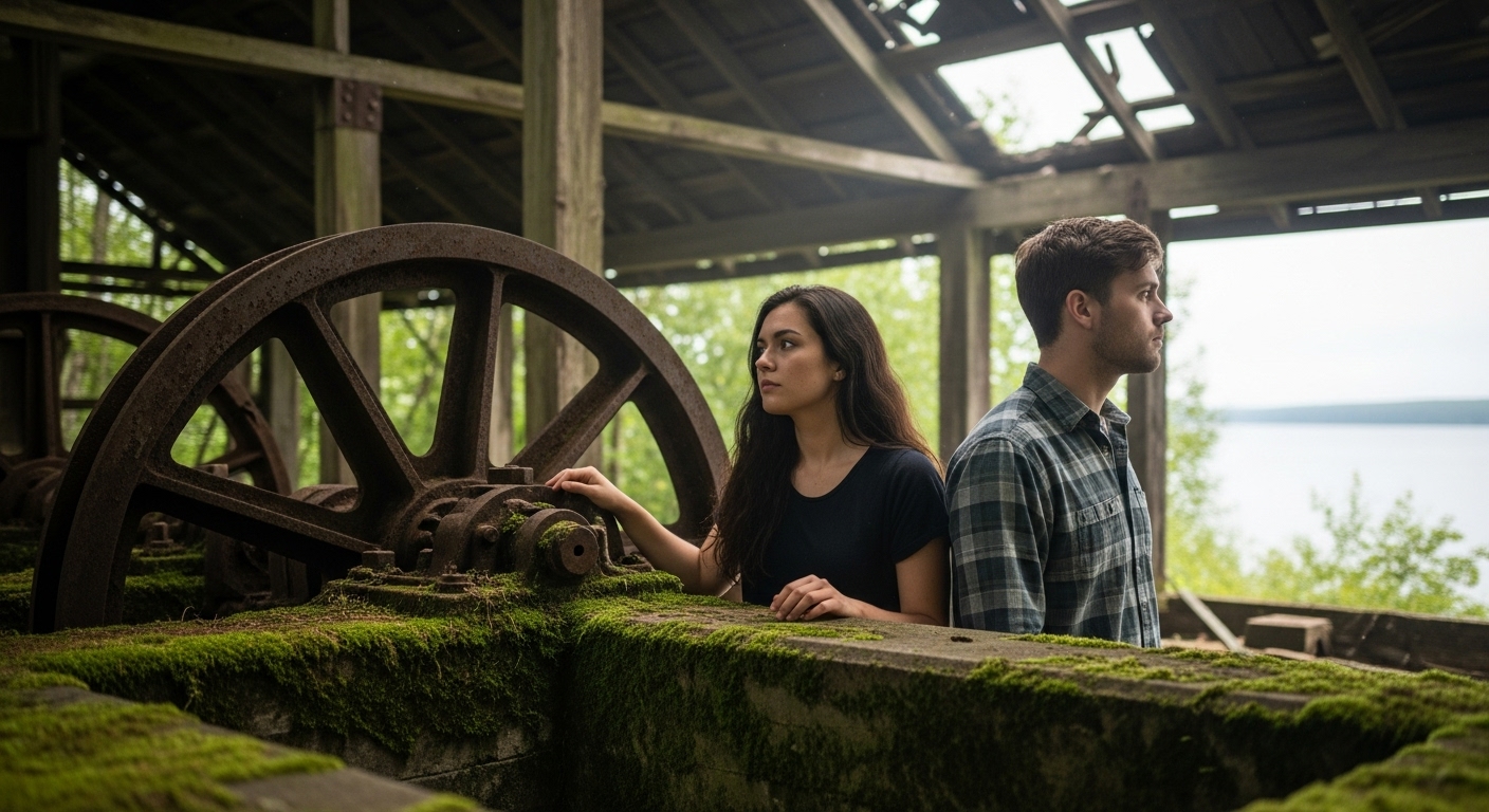 Two young adults, Julia and Jason, stand amidst the ruins of an old lumber mill, a setting sun behind them, suggesting contemplation.