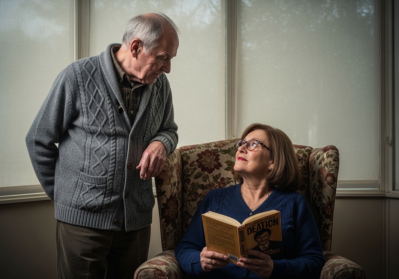 An older man and woman, both seniors, share a tense but subtly warm moment over a contested armchair in a bright solarium.
