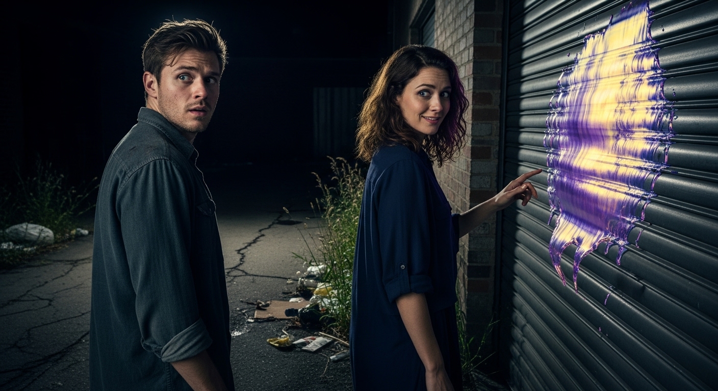 Two adults look in terror at a glowing, iridescent smear on a garage door in a dark alley.