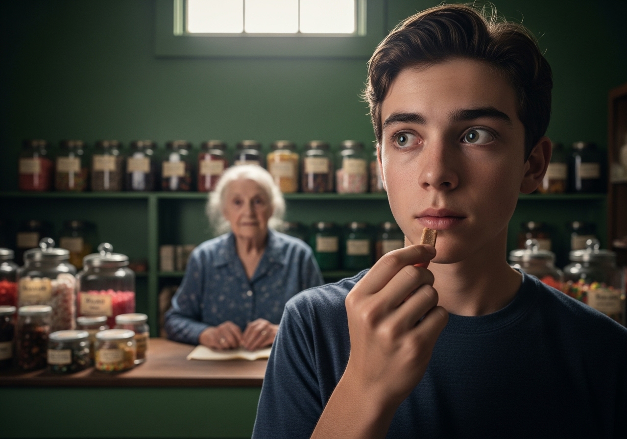 A teenage boy, Corey, holds a mysterious candy, looking thoughtful, in an old, green-painted candy shop with an elderly woman in the background.