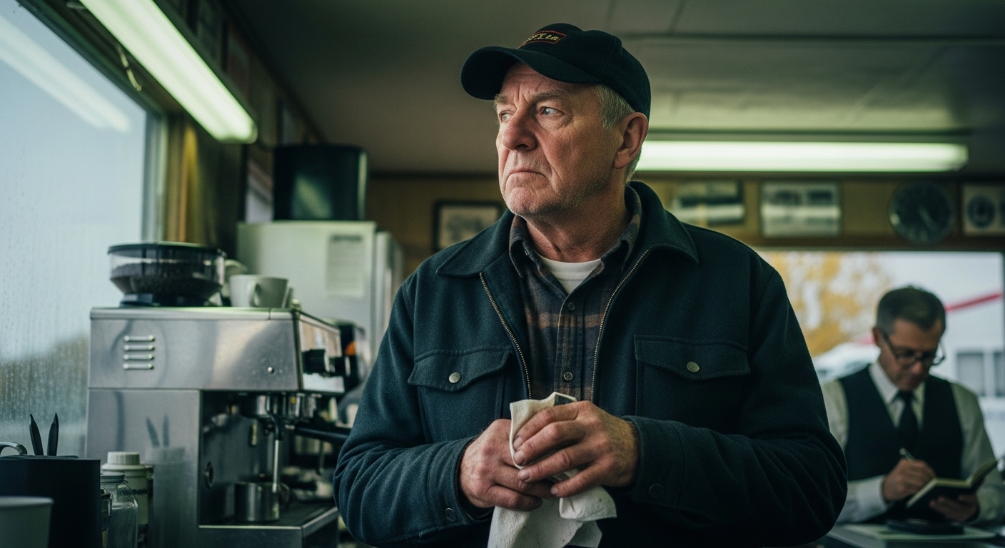 A weary senior man, Terrence, in a truck stop, wiping his hands as a corporate observer, Mr. Ferris, takes notes in the background.