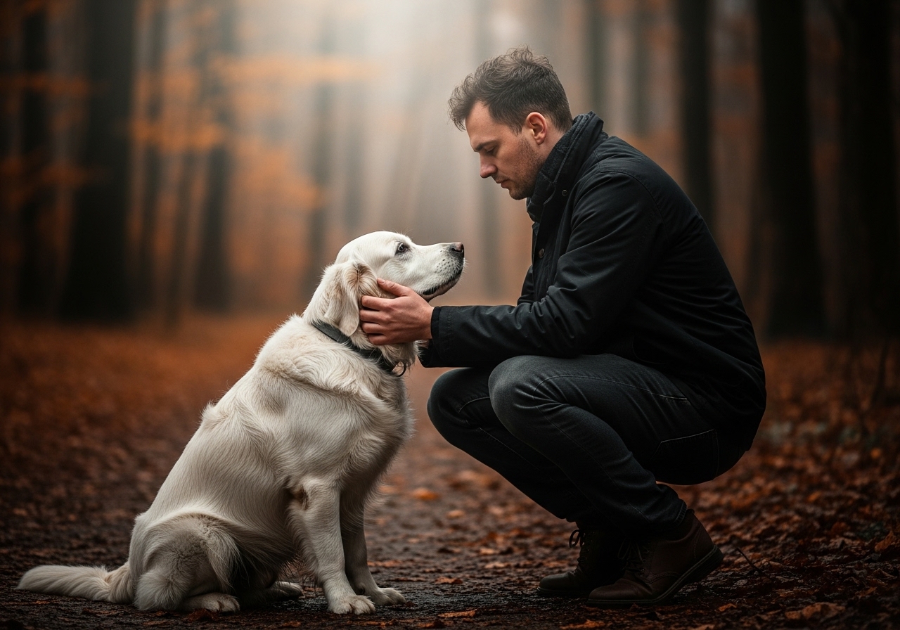 A man kneels on a leaf-strewn path, petting an old Golden Retriever, surrounded by autumn trees.