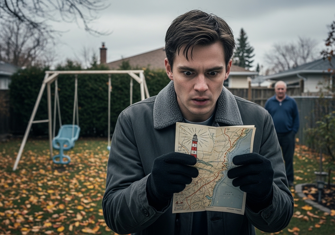 A man intensely examines an old map with a lighthouse, standing in an autumn backyard under a grey sky, with a neighbour watching from a distance.