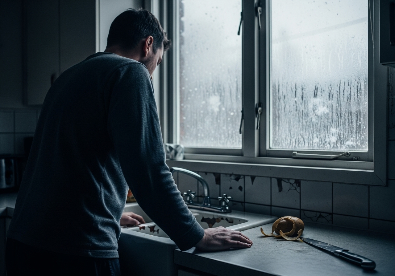 A man stands in a dim kitchen, looking out a condensation-covered window at falling snow, appearing lost in thought.