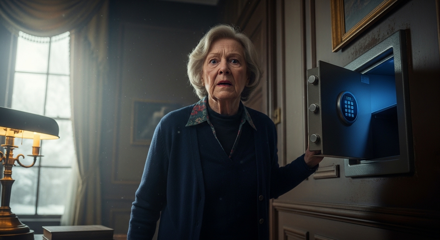 Elderly woman standing tense before an open, empty wall safe in a dimly lit study.