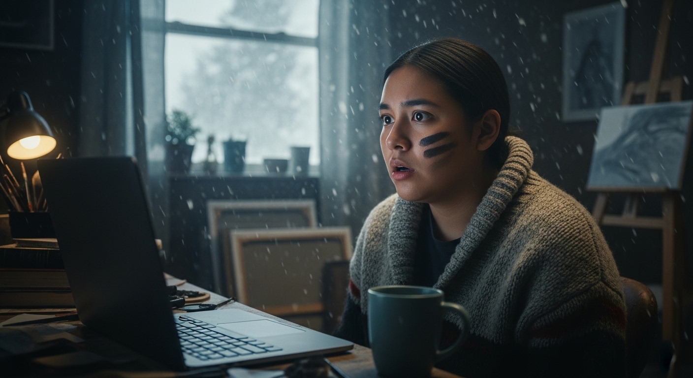 Young Indigenous artist, Owen, looks confused at a laptop screen in a cold, cluttered Winnipeg studio, snow falling outside.