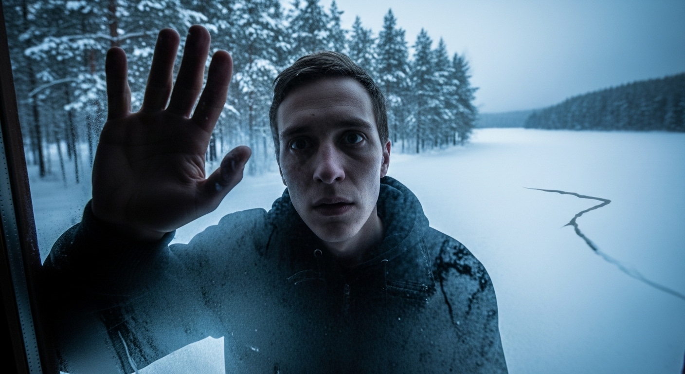 A young man, Ethan, presses his hand against a frosty cabin window, looking out at a vast, snowy pine forest and a frozen lake with a visible crack.