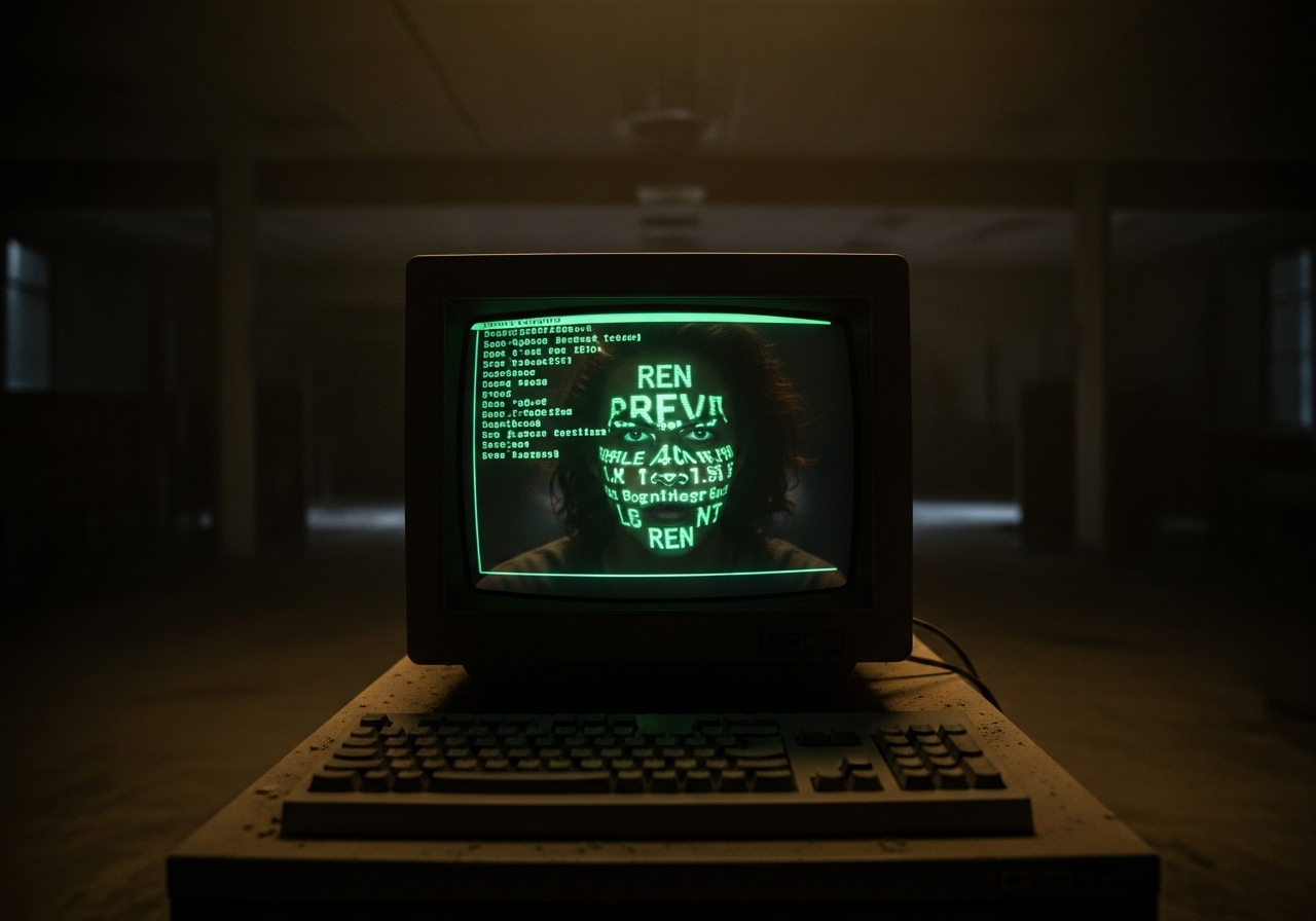 A person's face is lit only by the green glow of computer code on a screen in a dark, dusty room.