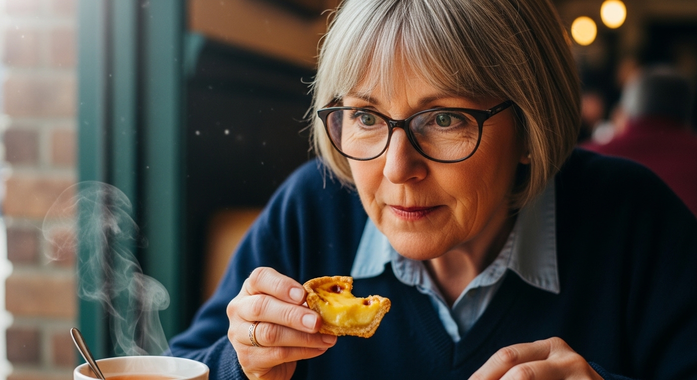 Agnes Winter, a senior woman with spectacles, thoughtfully examining a custard tart in a cafe.