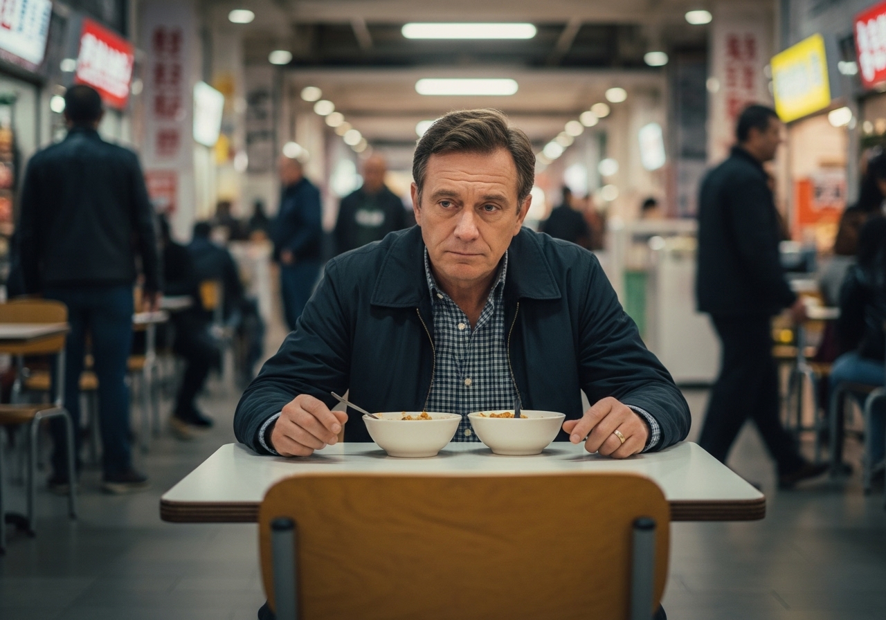 A sad, middle-aged man sits alone at a food court table with two half-eaten meals.