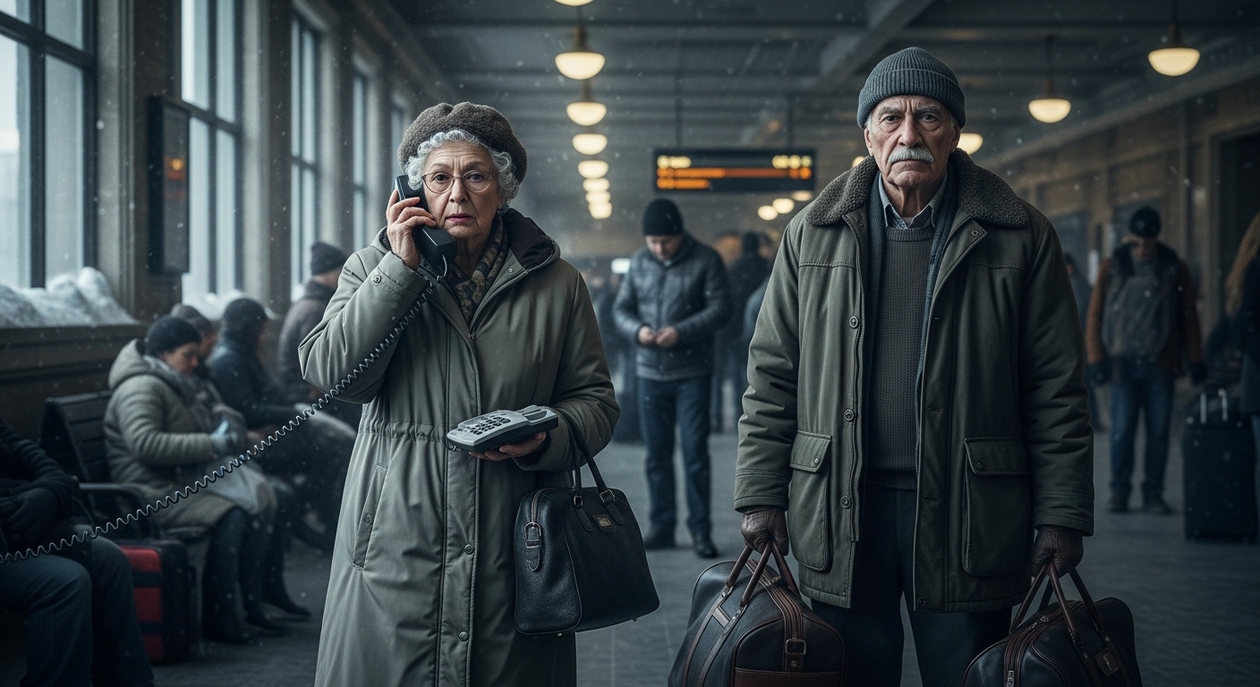 Elderly woman on a phone in a crowded, snow-filled train station, her stoic husband beside her.