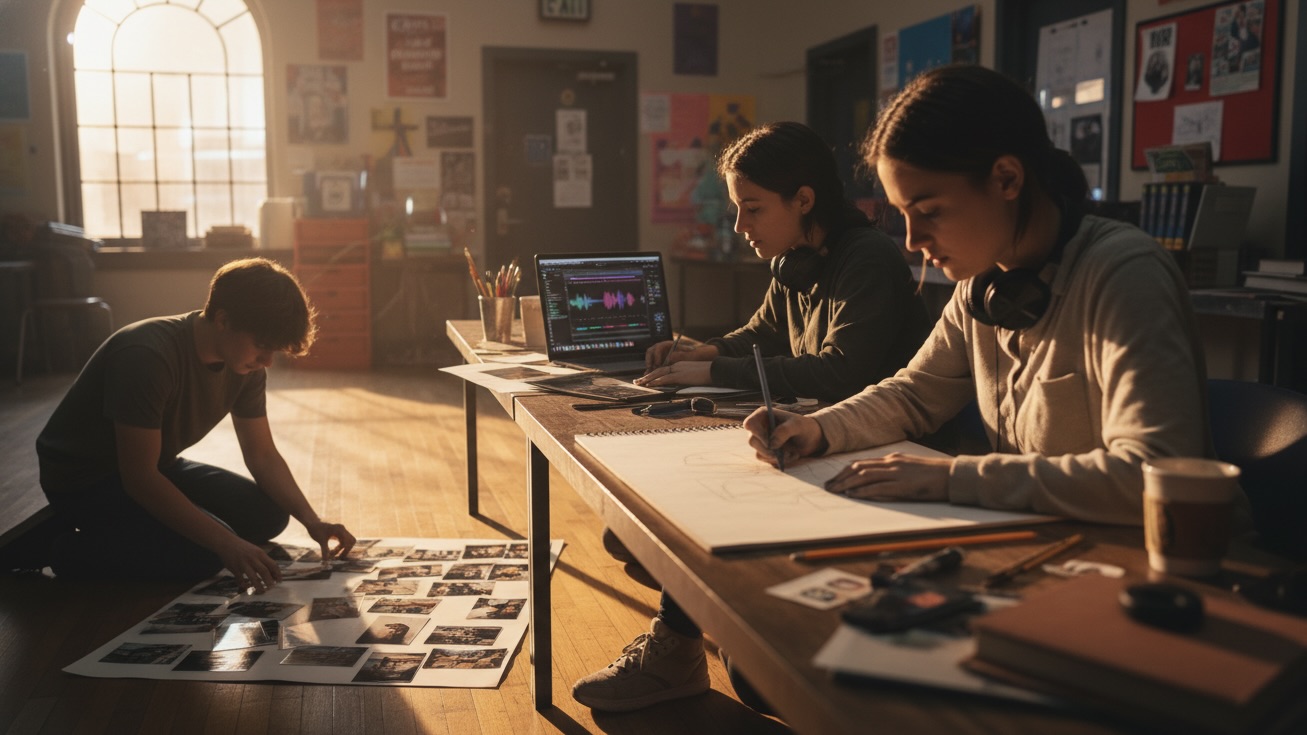 Three young adults, Jordan, Sam, and Leo, are deeply engrossed in creative projects in a well-lit community center, surrounded by art supplies, a laptop, and photographs. Jordan sketches, Sam edits audio, and Leo plans a photo exhibit.