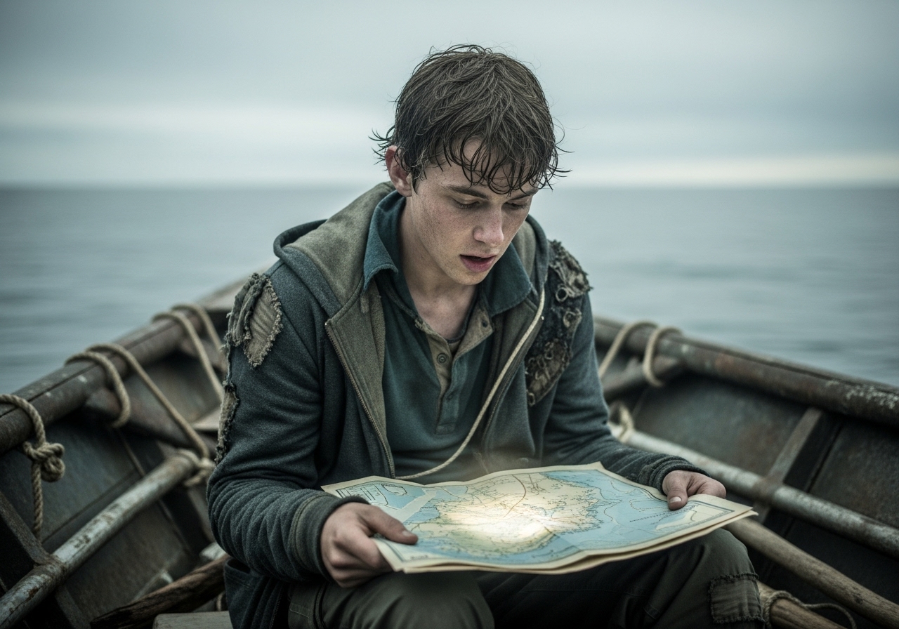 A young man on a rustic boat in a flooded world stares in awe at a glowing, ancient map on his lap.