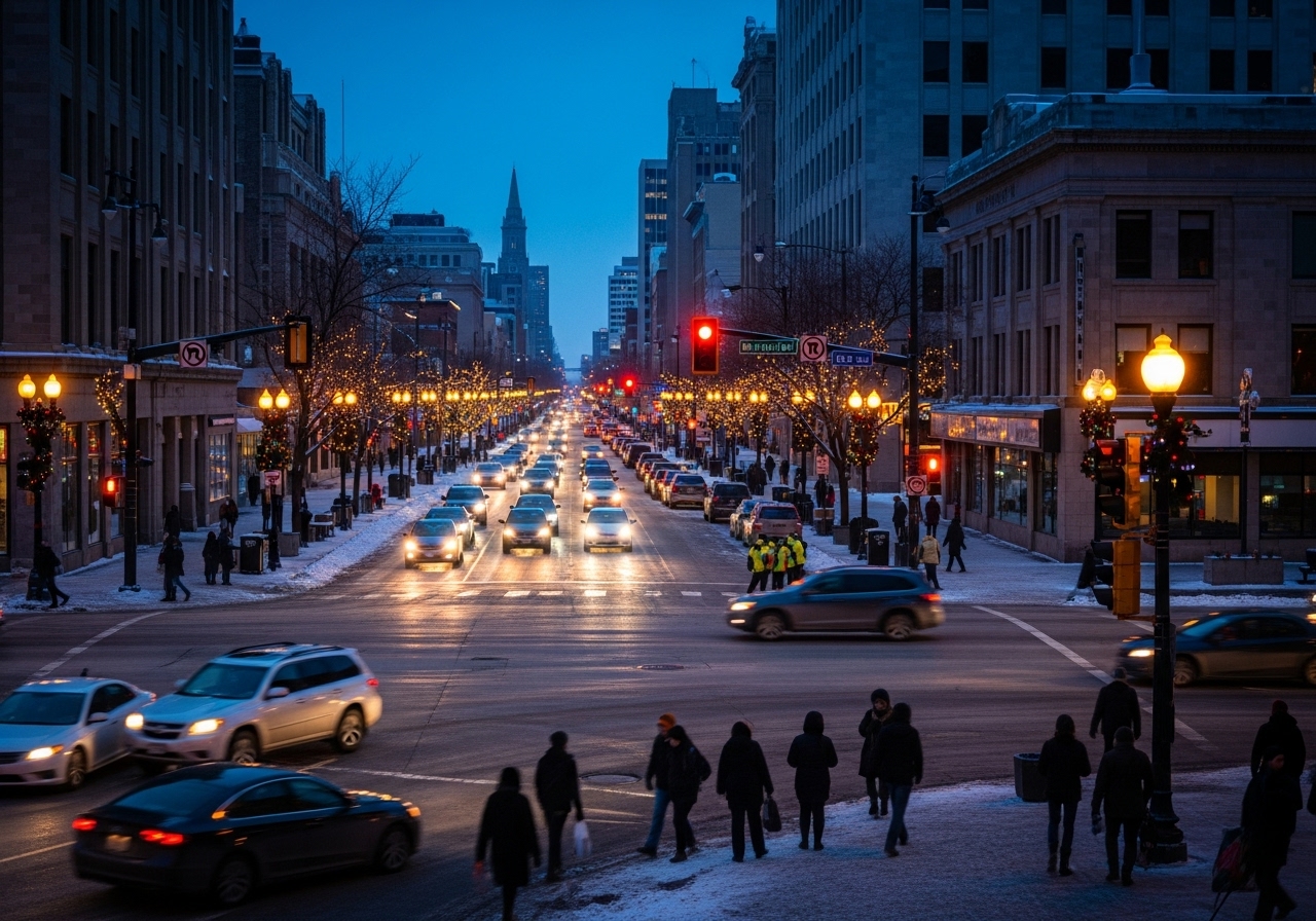 Wide shot of Portage and Main intersection in Winnipeg at dusk, with festive Christmas lights and a light dusting of snow.