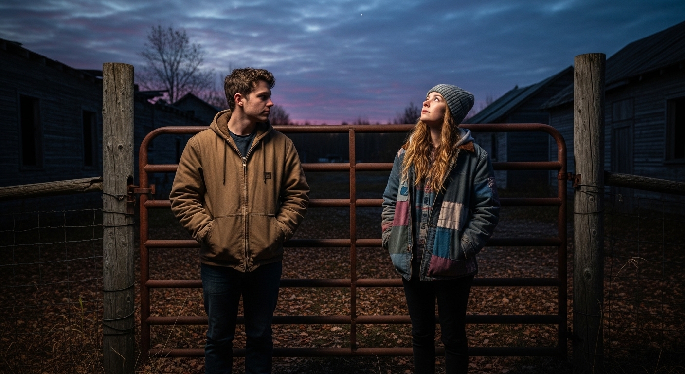 Two young adults, Charlie and Lucy, stand by a rusty gate in an autumn clearing, gazing at the darkening sky.