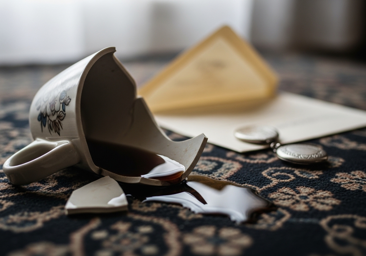 Shattered ceramic mug and spilled hot chocolate on a rug, with an open letter and silver locket nearby.