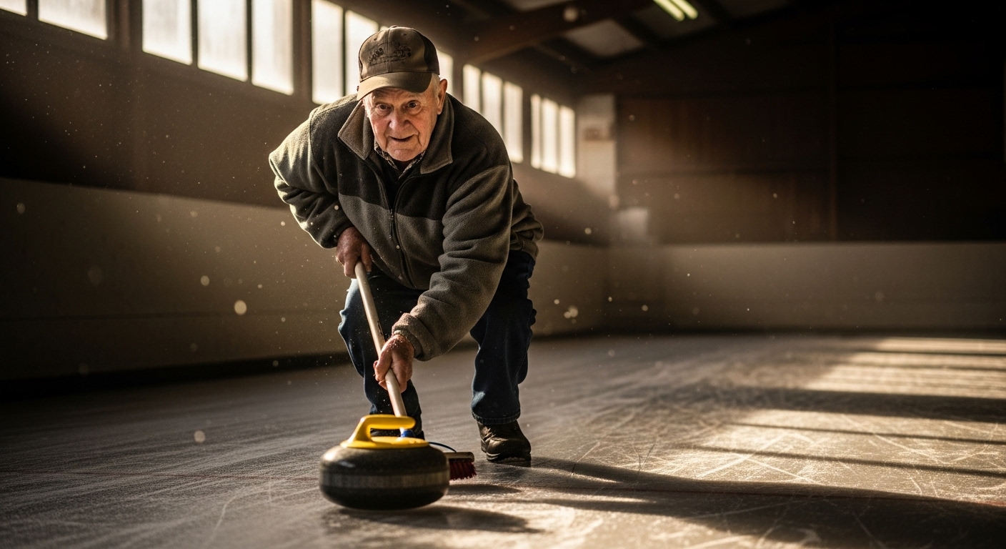 An elderly man in a fleece jacket sweeping a curling stone across ice in an old rink.