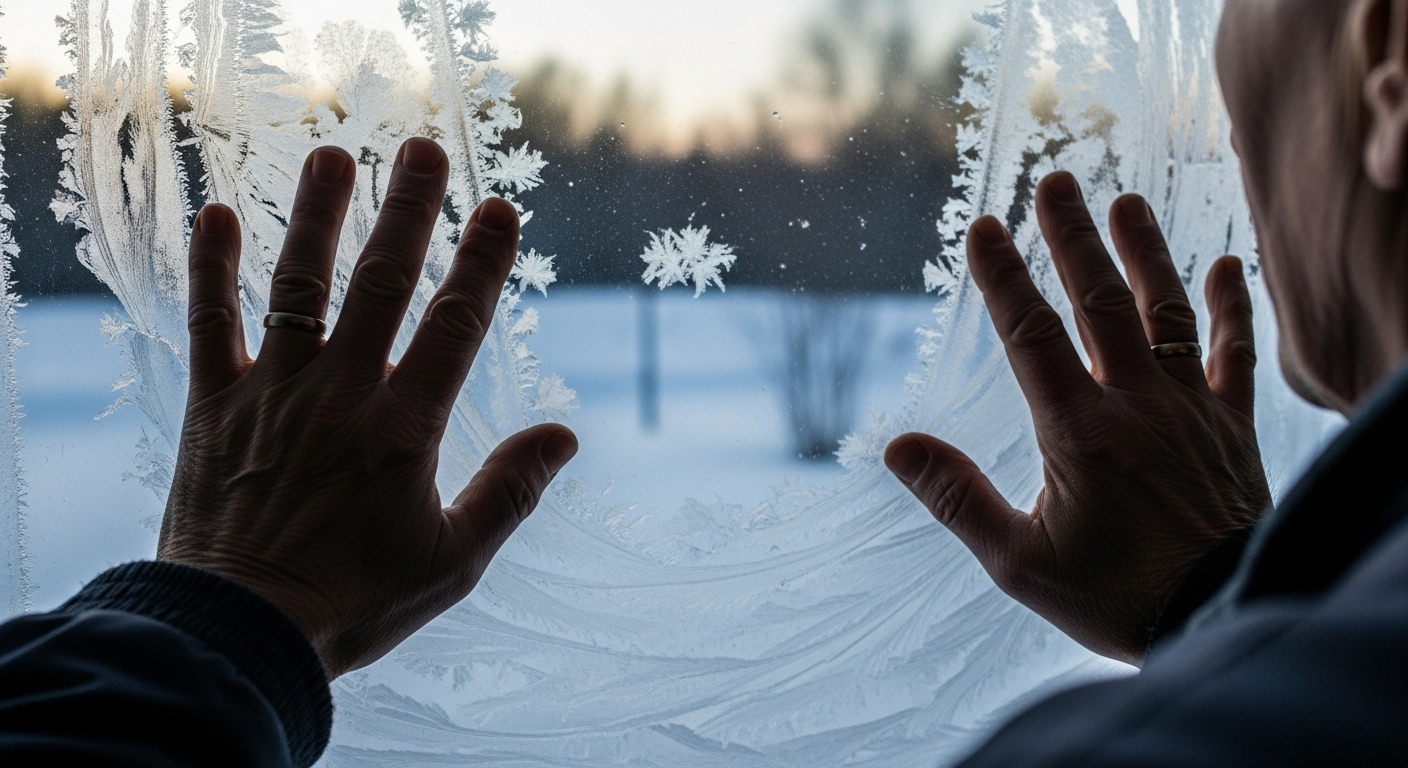 Close-up of an elderly man's hands on a frost-covered window, looking out at a snowy winter scene.