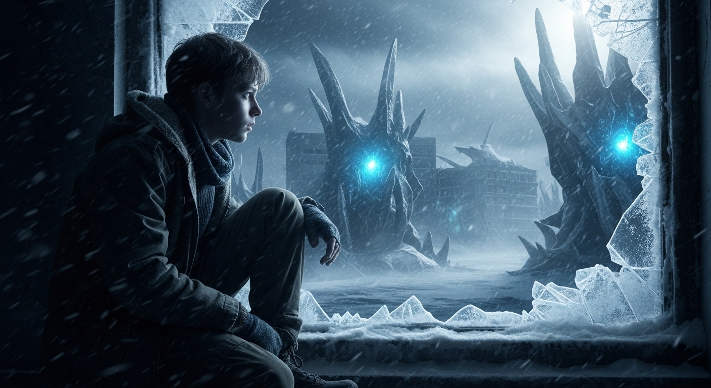 A lone teenage boy in a ruined building peers out at a city consumed by glowing, alien ice formations under a dark, snowy sky.