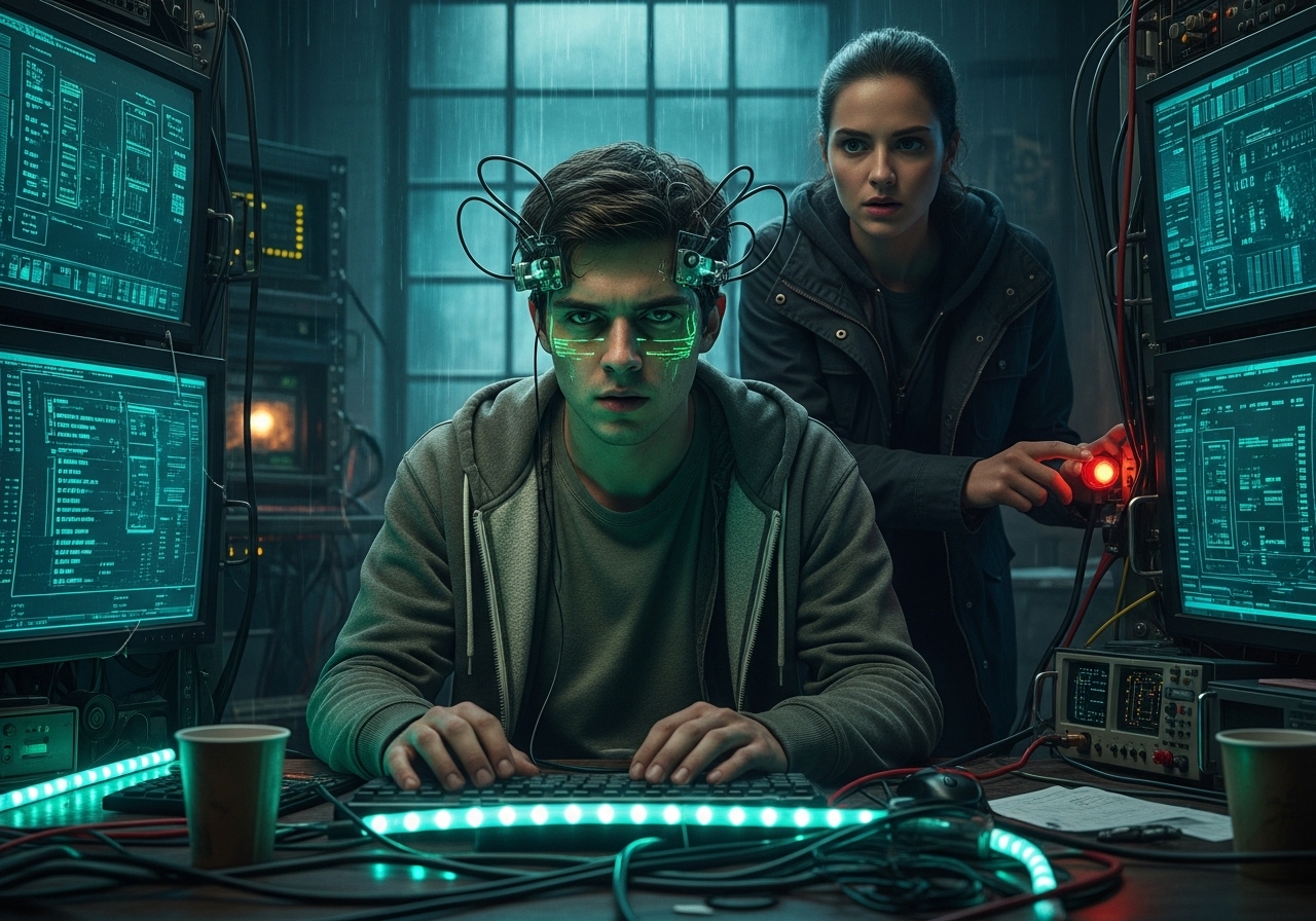 A young man with a homemade neural headset focuses intently on flickering screens in a dark, cluttered server room, while a young woman watches him with concern.