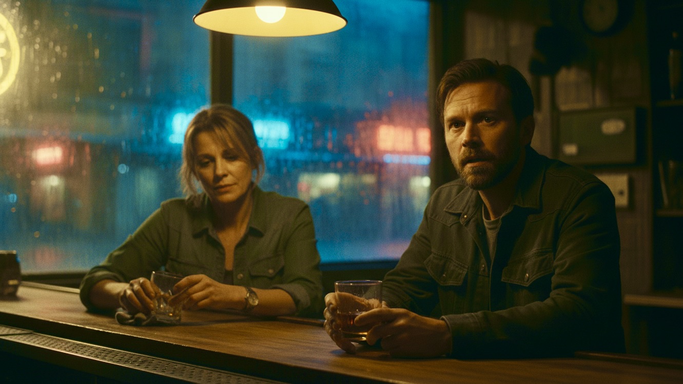 A man and a woman in a dimly lit bar, conversing. Rain visible outside the window. The man holds a whiskey glass, looking contemplative, while the woman wipes the bar.
