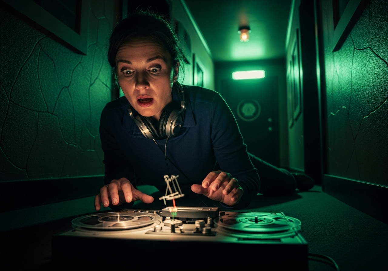 An acoustician stares in shock at her recording equipment inside a dark, strange funhouse corridor.