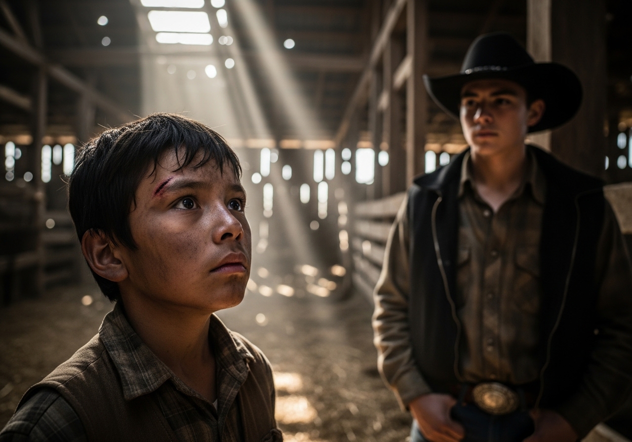 Two teenage boys, James and Konstantin, meeting in a tense, dust-filled barn, their eyes locking in a moment of shared understanding.