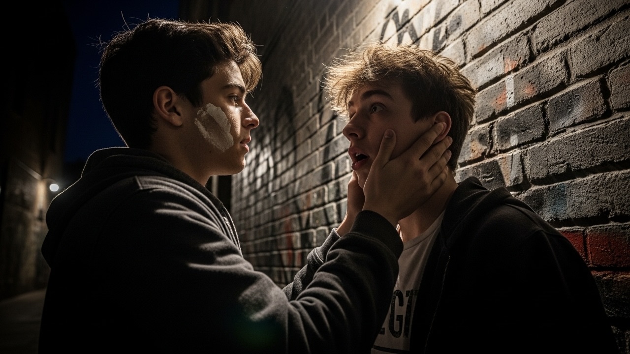 In a dimly lit alley, one teenage boy gently touches the cheek of another.