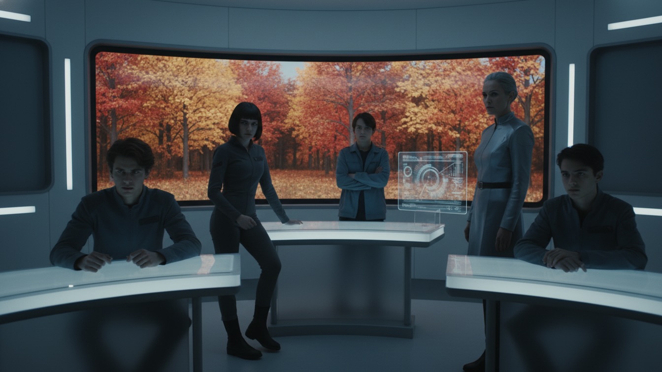 Three teenagers in a futuristic classroom, one male (Jett) looking apprehensive, another female (Linda) looking dejected, and a third male (Kaito) looking worried. A female professor stands before them. Outside a large window is a simulated autumn forest. The lighting is dim, emphasizing the tension.