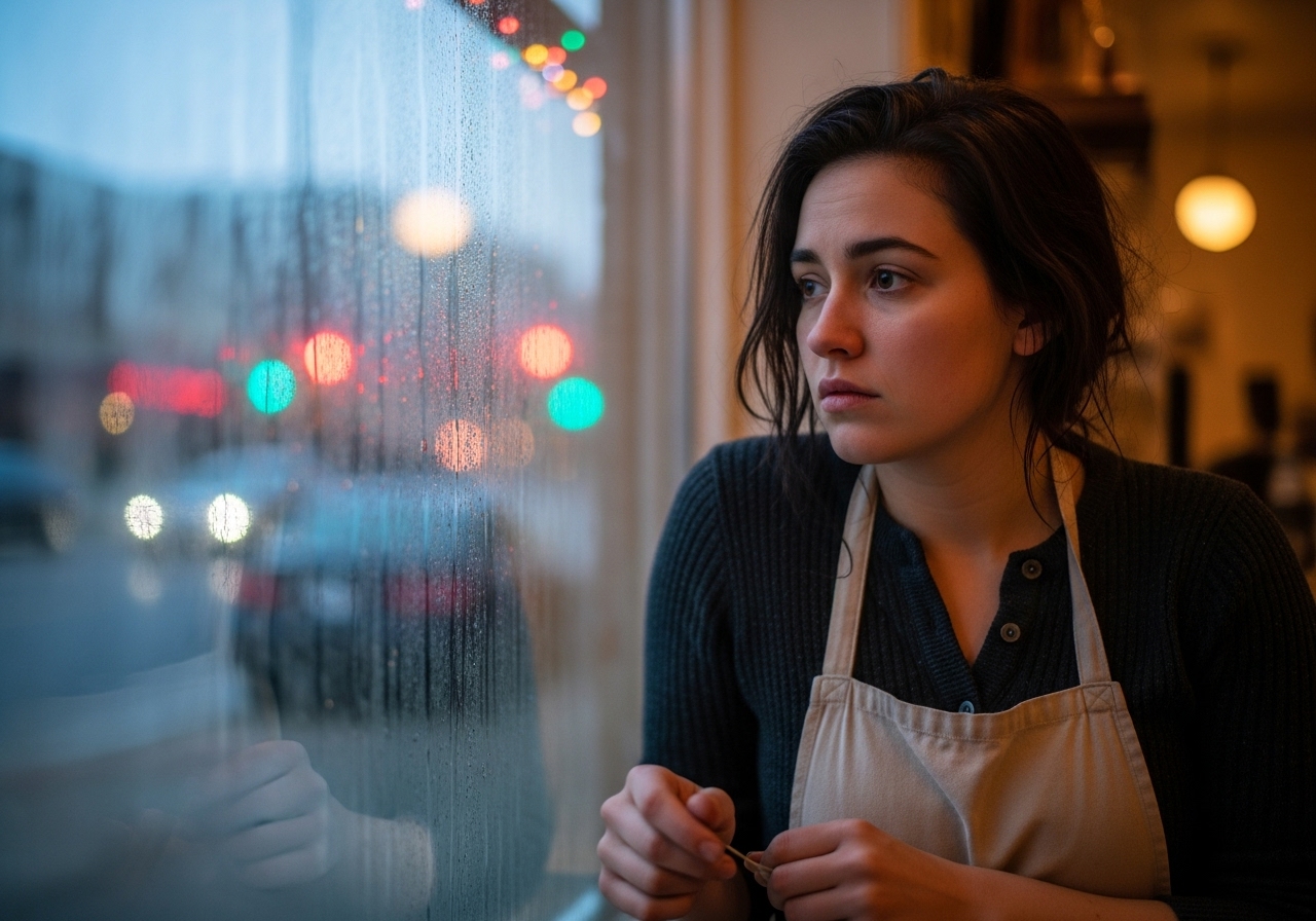 A young woman inside a warm coffee shop, looking out a condensation-covered window at blurred Christmas lights on a cold Winnipeg street.