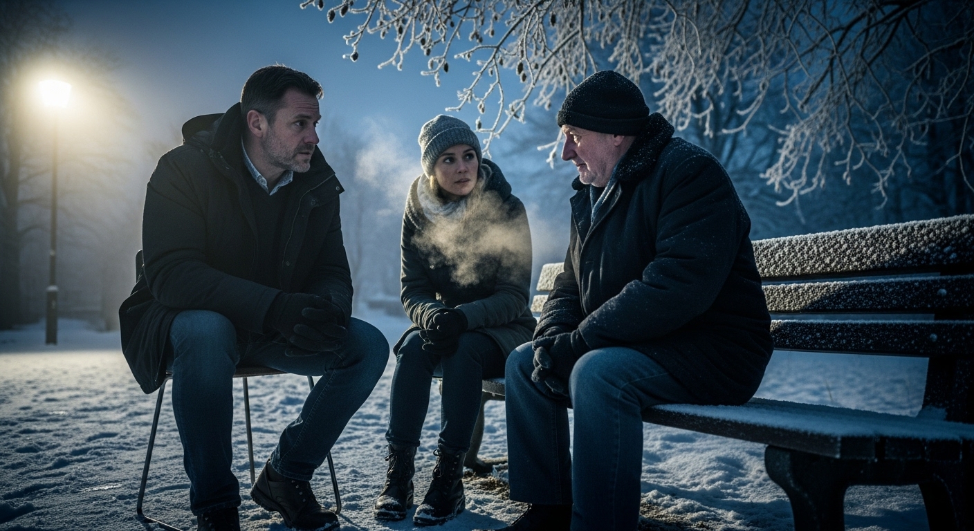 Two detectives and an informant on a snowy park bench in pre-dawn winter.