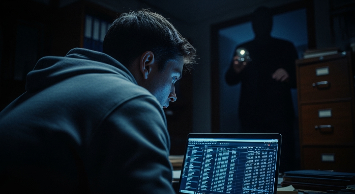 A young man in a dark, cluttered office, illuminated by a laptop screen showing financial data, as a shadowy figure approaches from behind.
