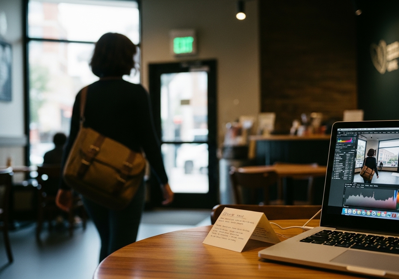 A folded note lies on a cafe table in the foreground, while the mysterious woman who dropped it walks away in the background.