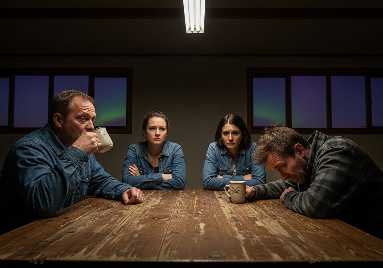 Four community members and a director sit at a board meeting table in a rustic hall, their faces showing confusion, anger, and desperation as the aurora glows faintly outside the window.