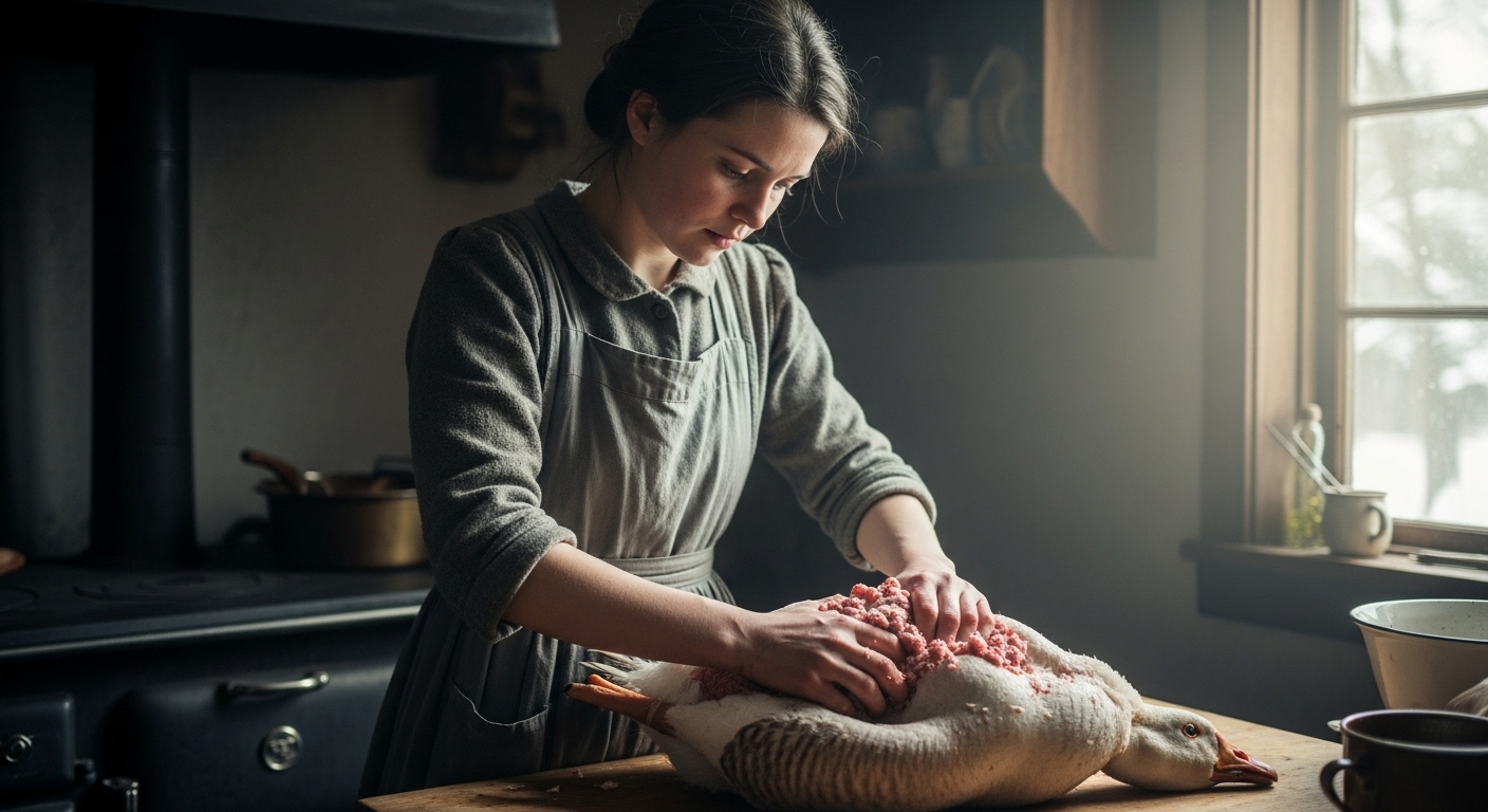 A young woman in a 1920s kitchen stuffing a goose, with snow visible outside a window.