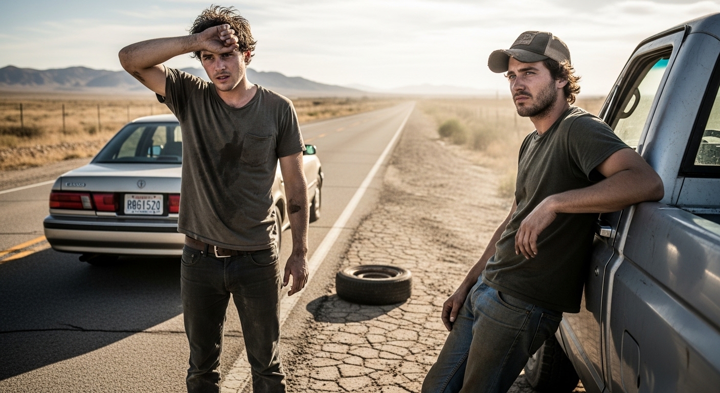 Two young men, Elias and Orion, stand by a broken-down car and a pickup truck on a desolate, dusty road under a harsh summer sky.