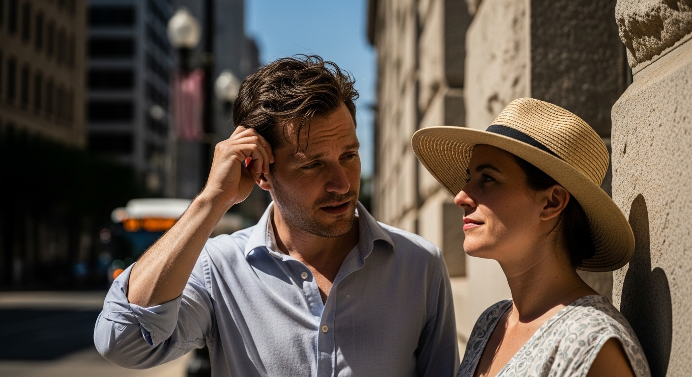 Two adults discussing city history on a hot Winnipeg street.