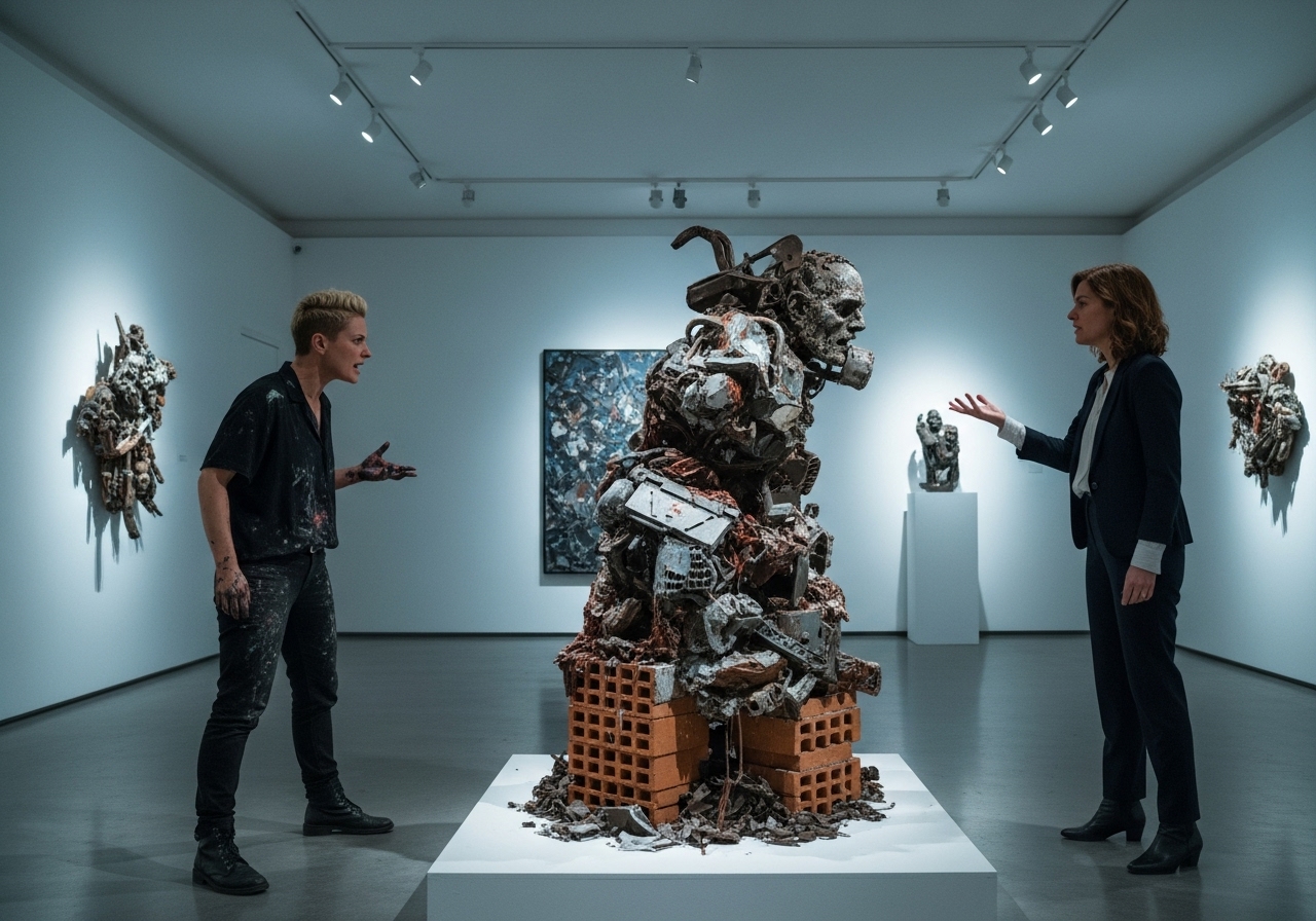 Two women, an artist and a gallery director, engaged in a tense conversation in a bright, modern office.