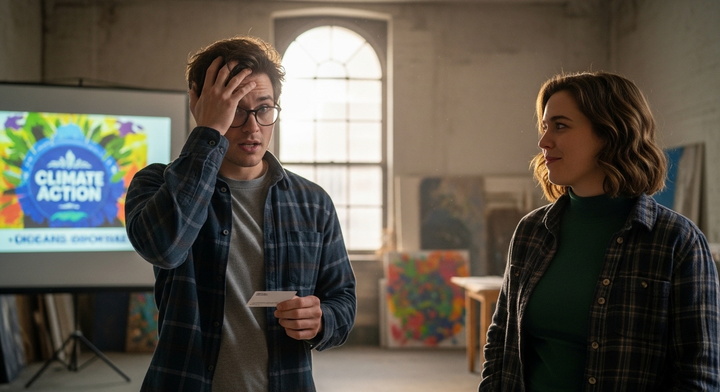 A young man holding a business card in a sunlit art studio, looking overwhelmed, while a young woman smiles knowingly.