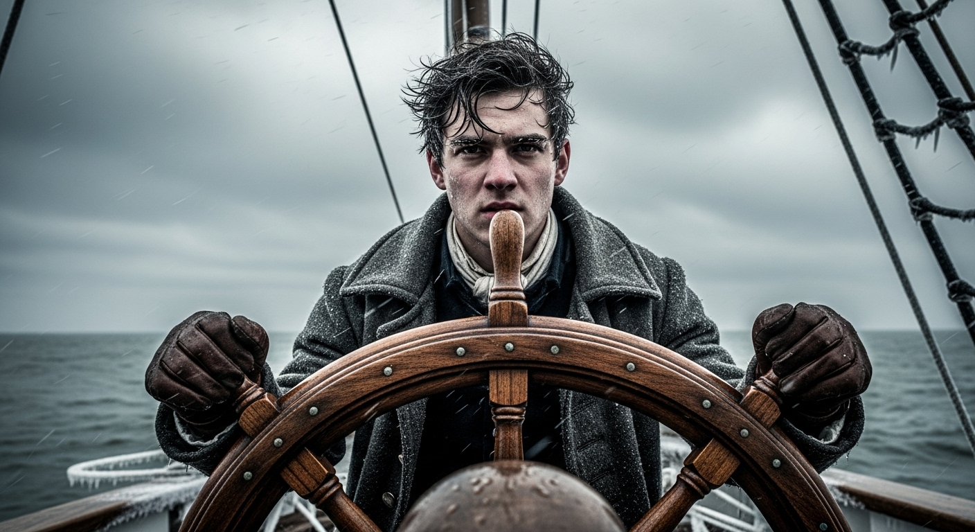 A young privateer, Vernon, grips a ship's helm, his face grim as he navigates a stormy Hudson Bay in autumn.