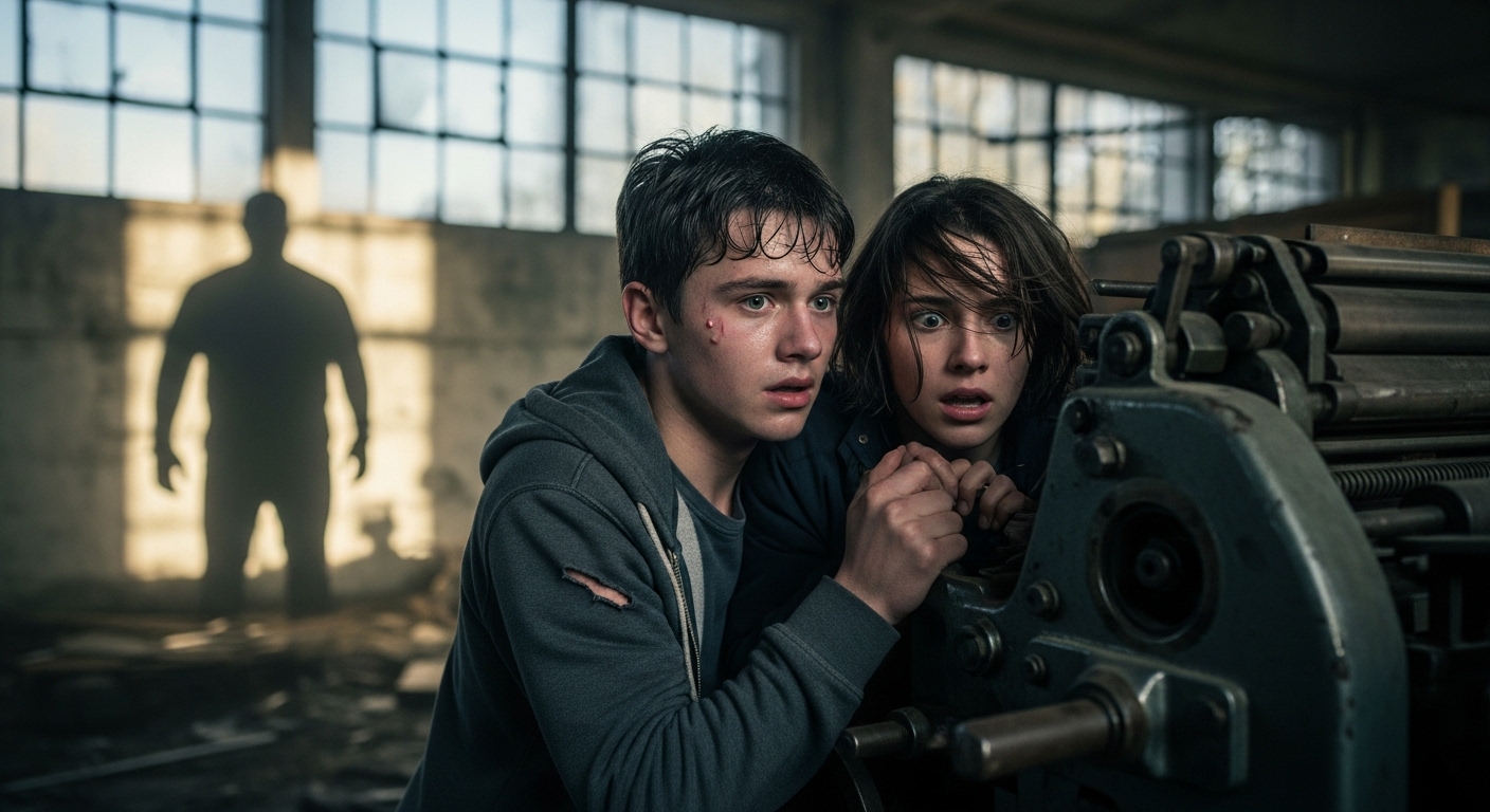 Two terrified teenagers huddle behind a rusted printing press in an abandoned factory, a menacing figure's silhouette in the background.
