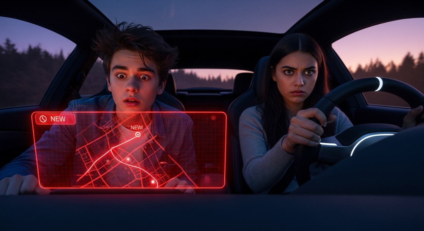 Two teenagers in a futuristic car stare at a glowing red screen showing an unexpected reroute into a dark forest.