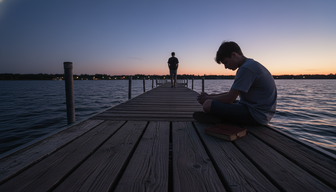 Two teenage boys on a dark, weathered wooden dock at twilight. One boy is walking away into the distance, his back to the viewer. The other boy is seated, looking down, with a worn journal beside him, as the last light fades from the sky over a vast lake.