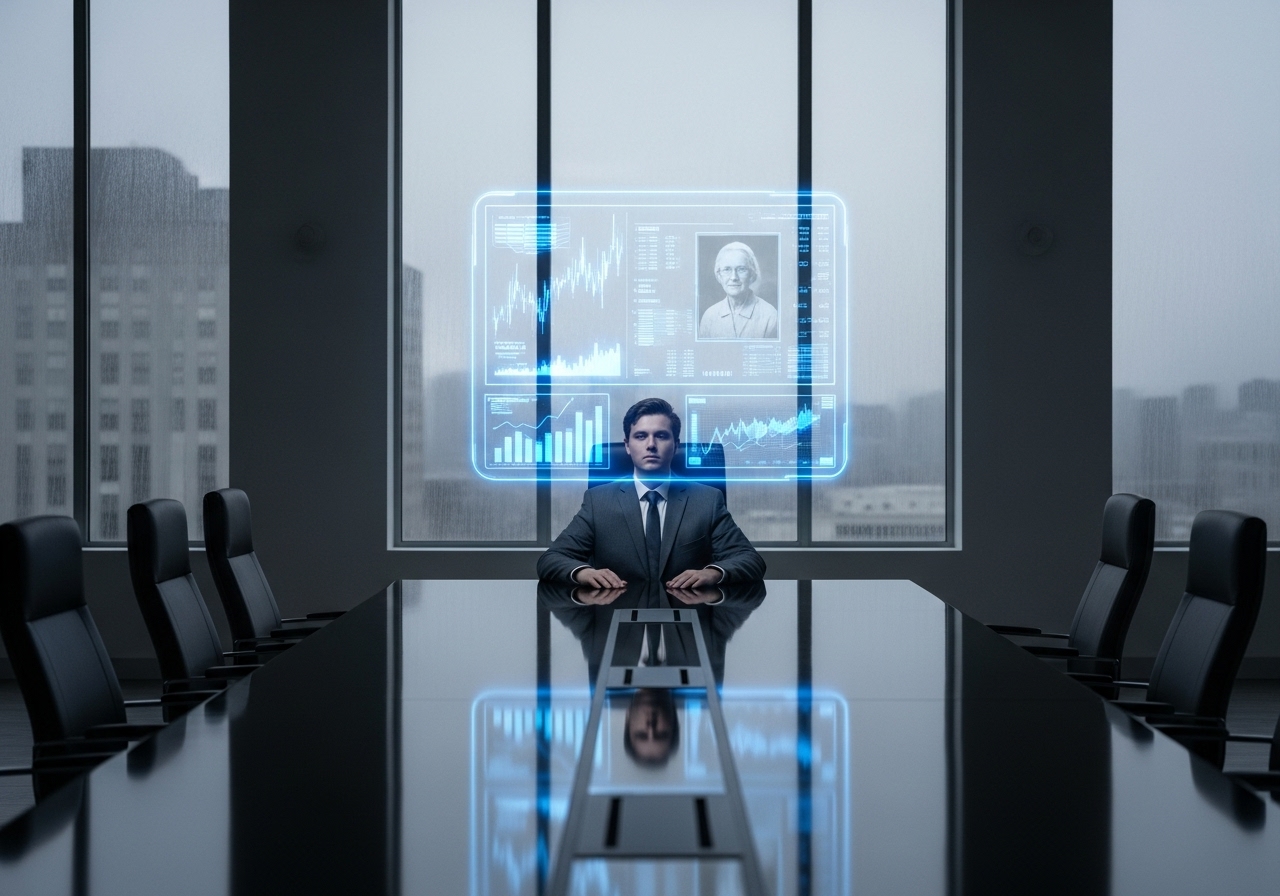 A lone analyst sits at a boardroom table, dwarfed by a hologram displaying a corporate takeover target.