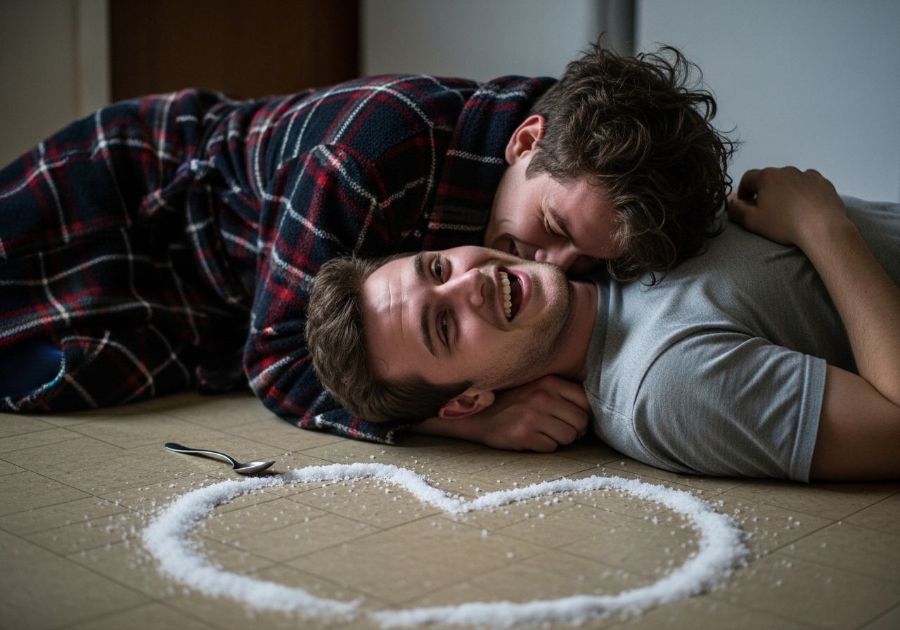 Two young men are tangled together laughing on a kitchen floor covered in spilled salt.