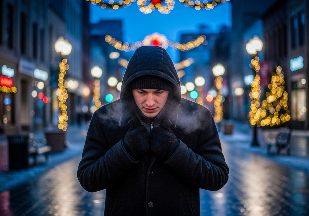 A young man walks through a cold, festive Winnipeg street at twilight, his face obscured by a toque, surrounded by blurred city lights.